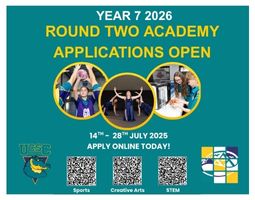 Promotional graphic for Year 7 2026 Academy Program Round 2 Applications at Upper Coomera State College – Apply by 28 July